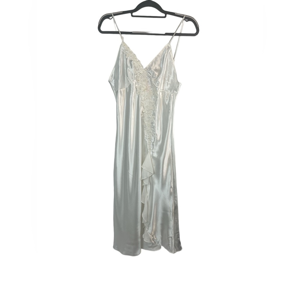 Bella Nuit white‎ satin long slip nightgown bridal lace and ruffle detail medium